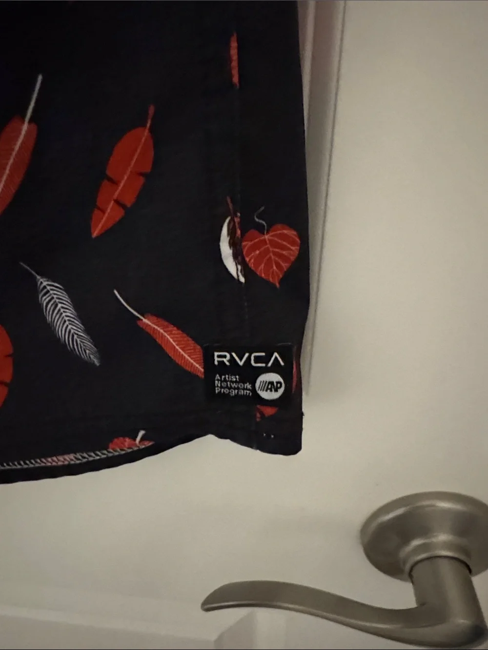 RVCA Black Swim Trunks with Red and White Leaf Pattern